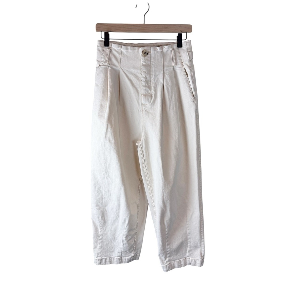 Free People Women Cream Pleated High Rise Tapered Cropped Pants Size 2